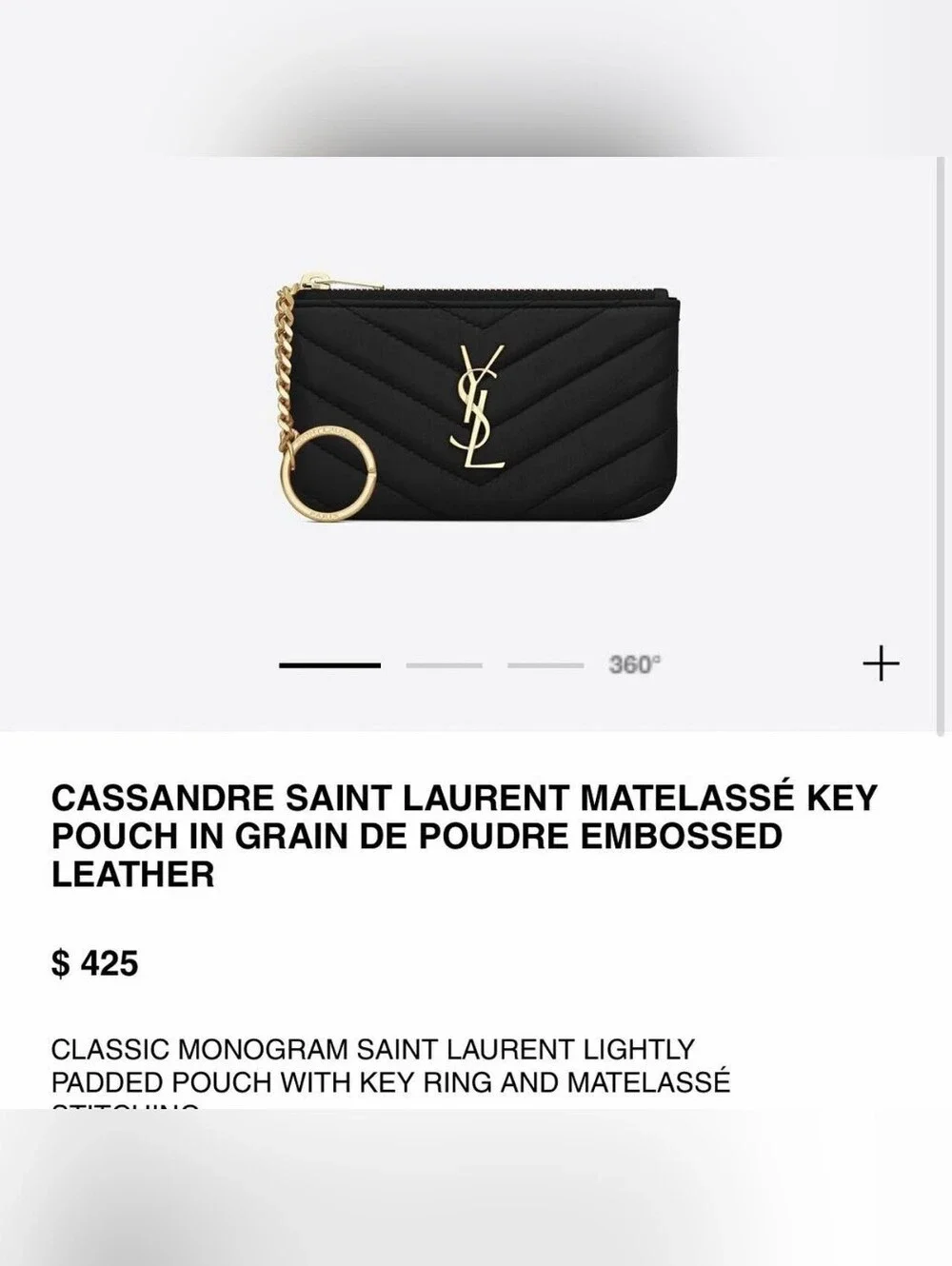 Saint Laurent Cassandre Quilted Black Key Pouch with Gold Hardware